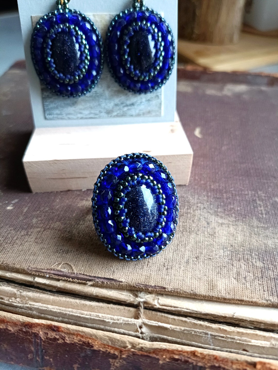Blue Statement Ring Adjustable Ring Coctail Ring Cabochon Ring Beadwork
