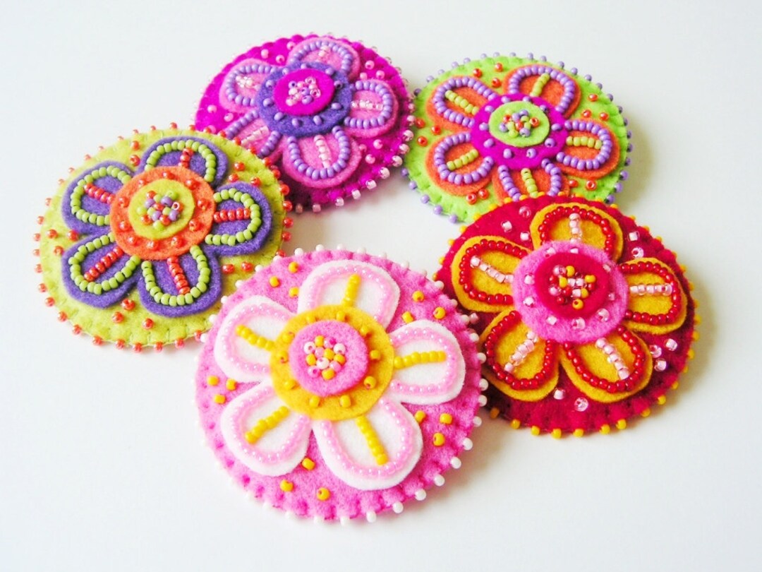 Beaded Felt Flower Brooch Colorful Flower Pin Bright Brooch Girls