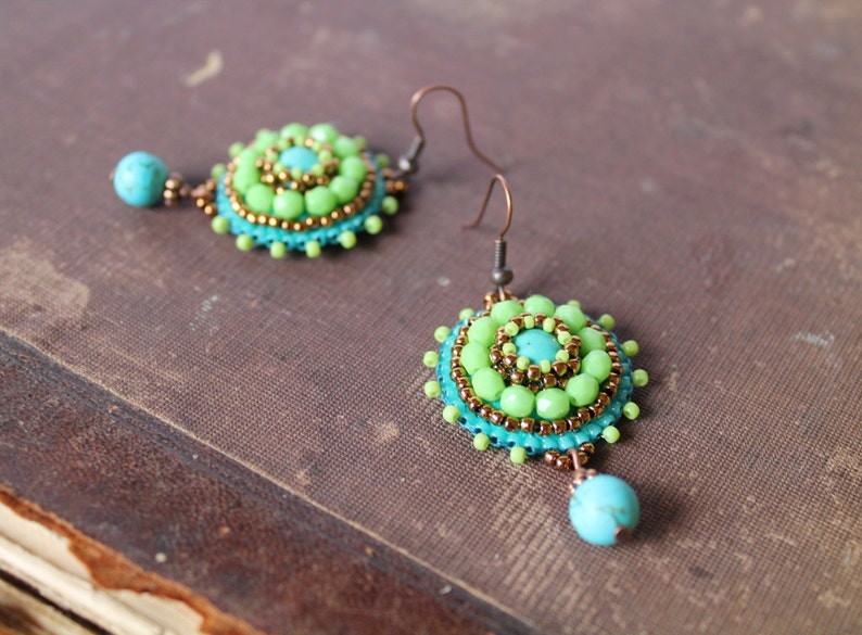Green Turquoise Earrings Bead embroidery Earrings Green dangle Earrings Fresh Green Salad Green Boho Ethnic jewelry Turquoise MADE TO ORDER