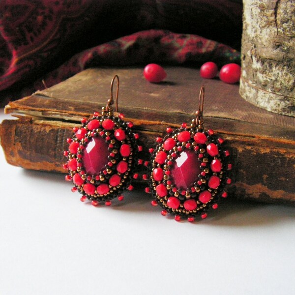 Beadwork Earrings Red Earrings Bead embroidery Earrings Red dangle Earrings Bead embroidery jewelry Boho jewelry Red Brown MADE TO ORDER