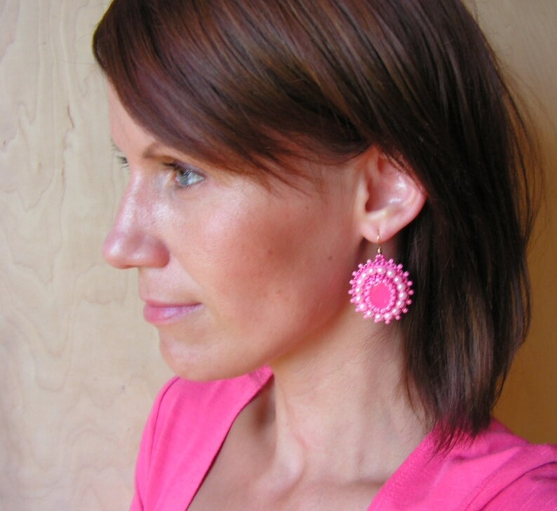 Pink Earrings Bead Embroidery Earrings Beadwork Earrings Pink Etsy