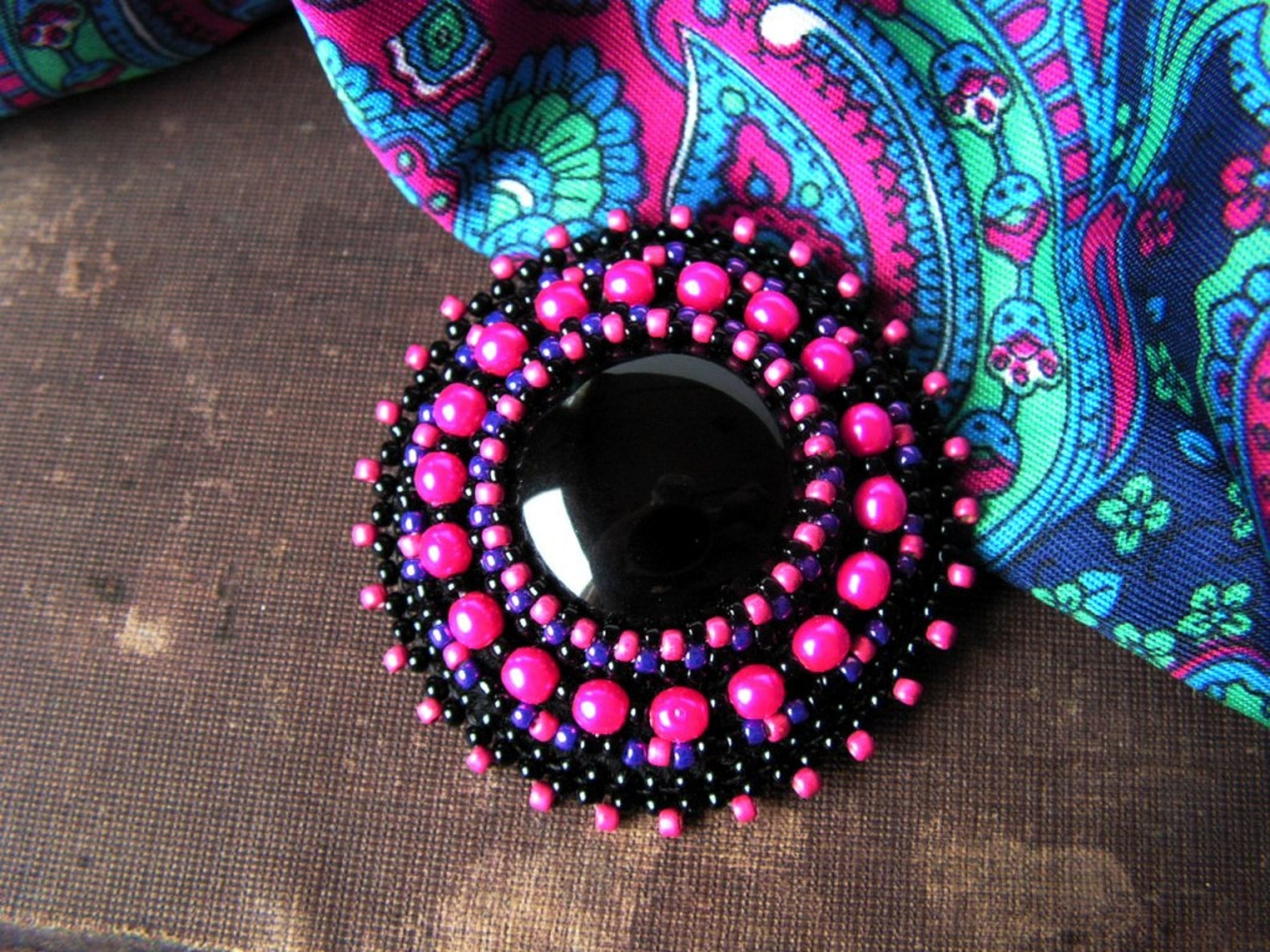 Bead Embroidery Brooch Beadwork Brooch Black Fuchsia Brooch Etsy