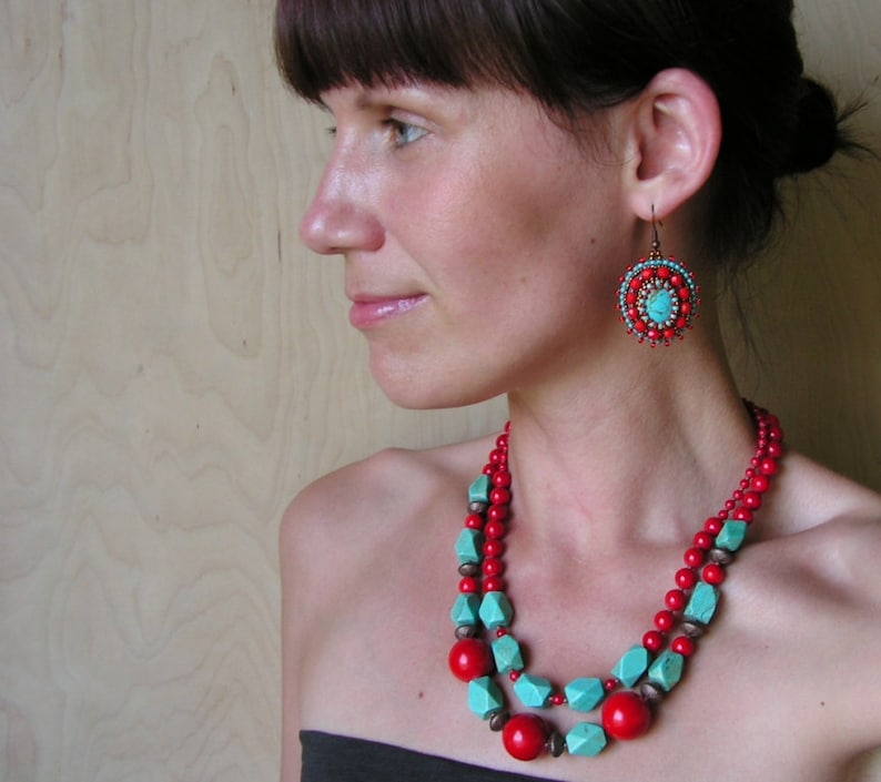 Bead embroidery earrings turquoise red earrings beadwork  etsy Bead embroidery earrings turquoise red earrings beadwork  etsy