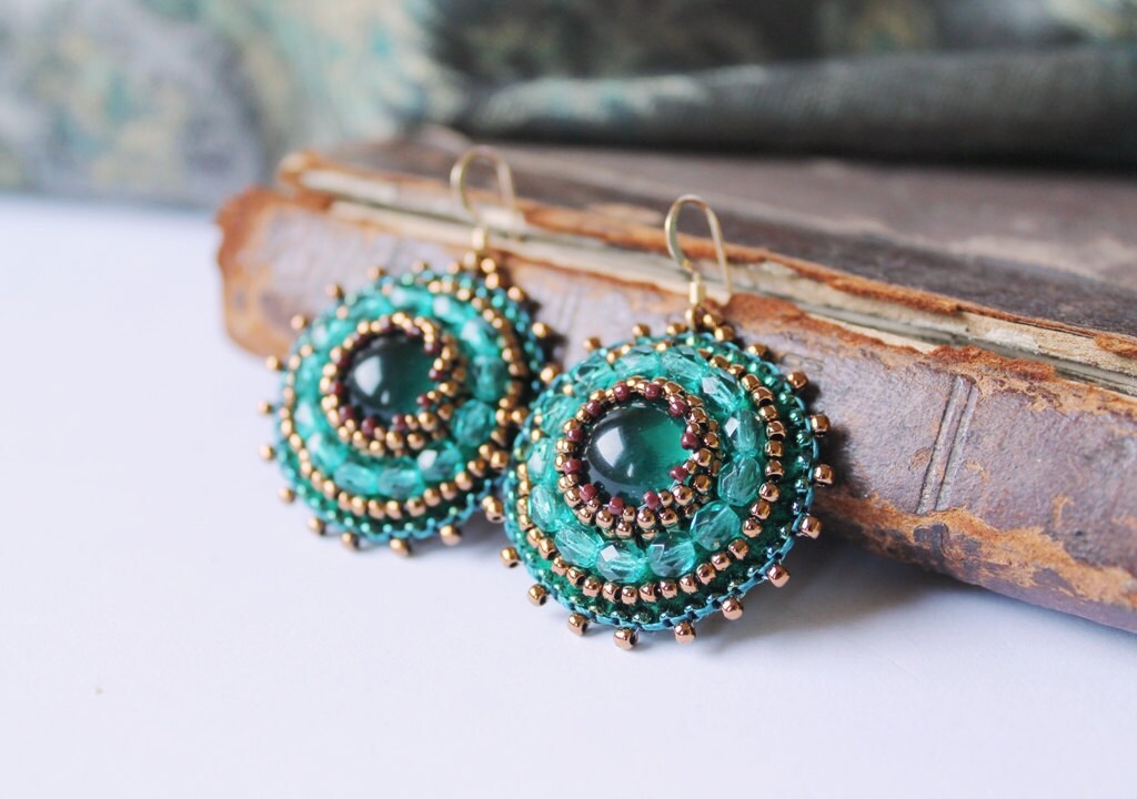 Bead Embroidery Earrings Emerald green Teal Earrings Beadwork Etsy
