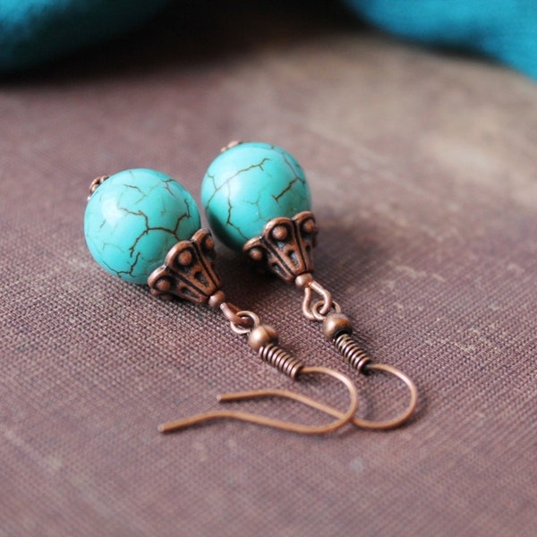 Turquoise Earrings Turquoise Dangle Earrings Turquoise Copper Earrings Turquoise jewelry Ethnic Oriental