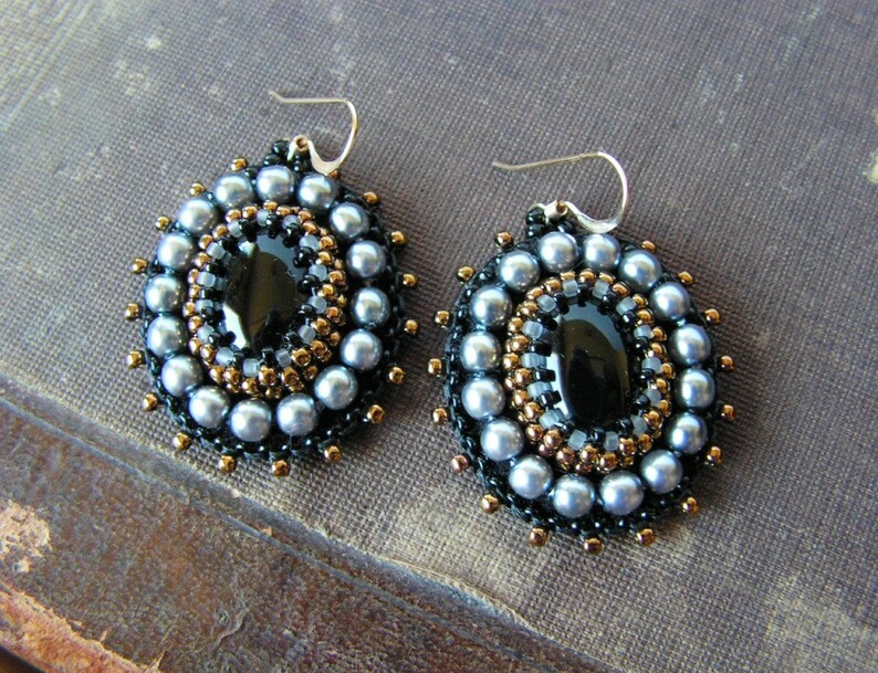 Black Grey Earrings Bead embroidery Earrings Black Grey Dangle Etsy