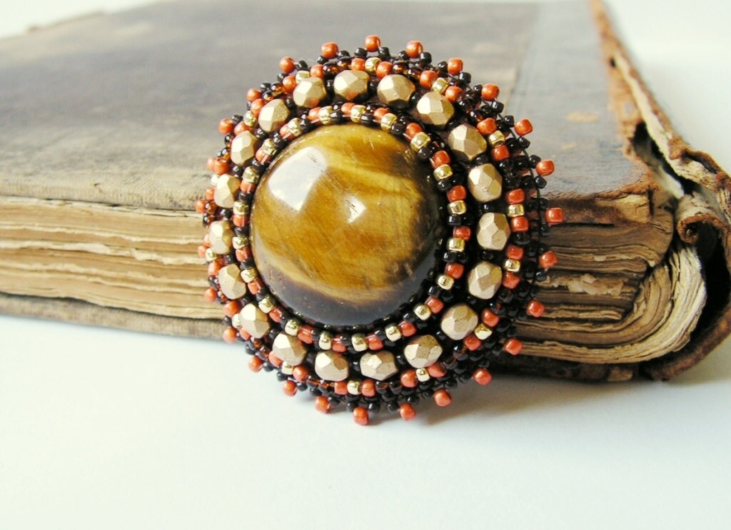 Cabochon embroidery brooch Bead embroidered Brooch Tigers eye Etsy