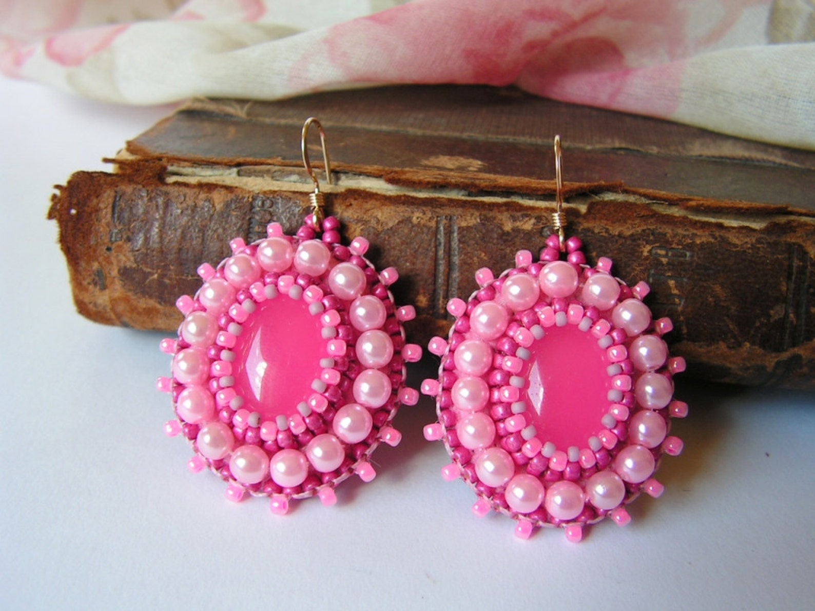 Pink Earrings Bead Embroidery Earrings Beadwork Earrings Pink Etsy