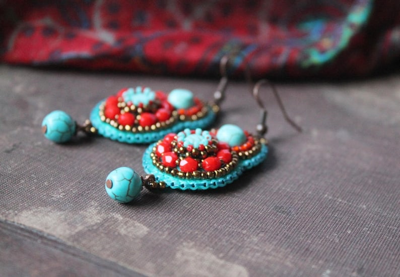 Turquoise Red Earrings Ethnic Earrings Turquoise Dangle Earrings Bead embroidery Earrings Cabochon Earrings Tribal Jewelry MADE TO ORDER