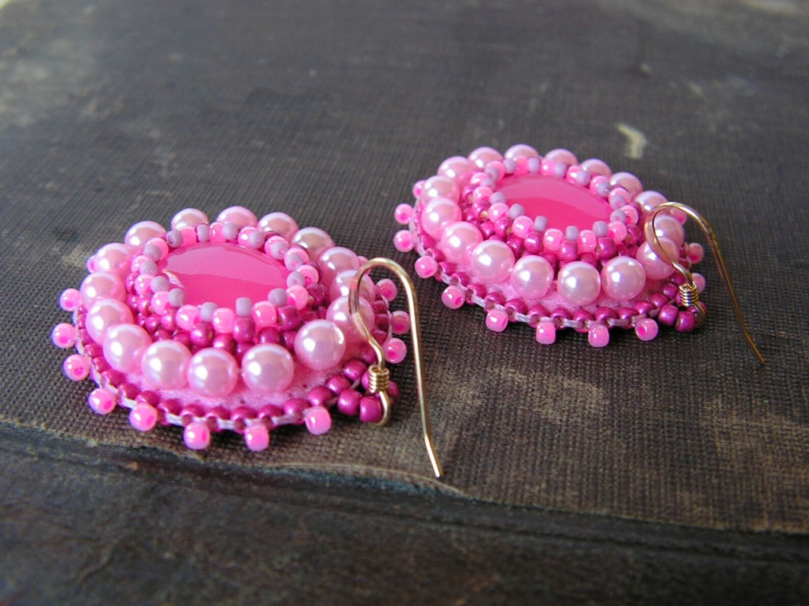 Pink Earrings Bead Embroidery Earrings Beadwork Earrings Pink Etsy