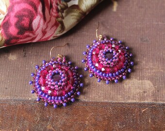 Purple Fuchsia Beadwork Earrings Bead embroidery Earrings Magenta Earrings Purple dangle Earrings Cabochon Earrings MADE TO ORDER