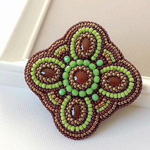 Beadwork Brooch Green Copper Brown Brooch Bead embroidered Brooch Agate Cabochon Brooch Bead embroidery jewelry Boho Ethnic Brooch