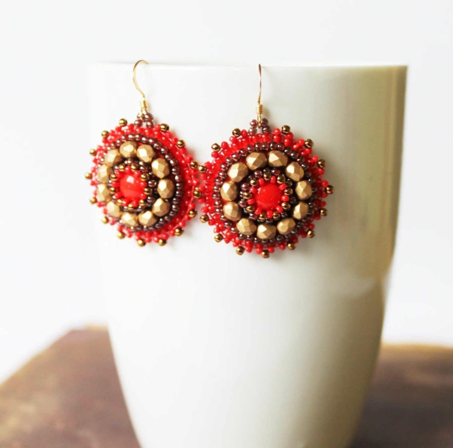 Red Gold Beadwork Earrings Bead Embroidery Earrings Red Dangle Etsy