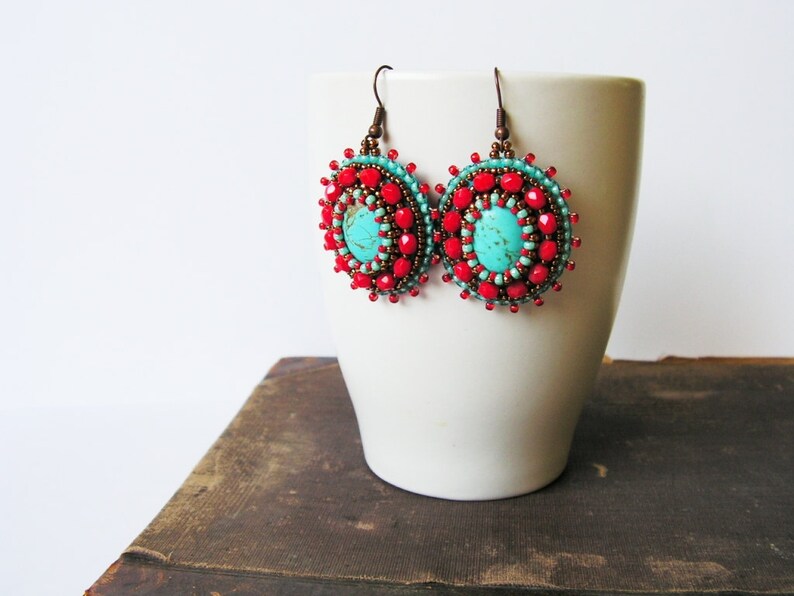 Bead Embroidery Earrings Turquoise Red Earrings Beadwork Earrings Red