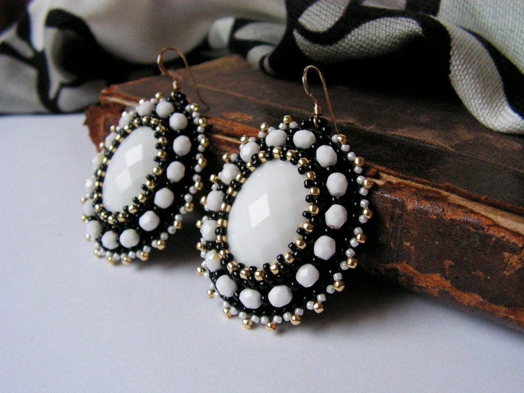 Black White Earrings Bead embroidery Earrings White Dangle Etsy