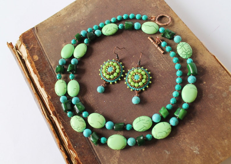Green Turquoise Earrings Bead embroidery Earrings Green dangle Earrings Fresh Green Salad Green Boho Ethnic jewelry Turquoise MADE TO ORDER