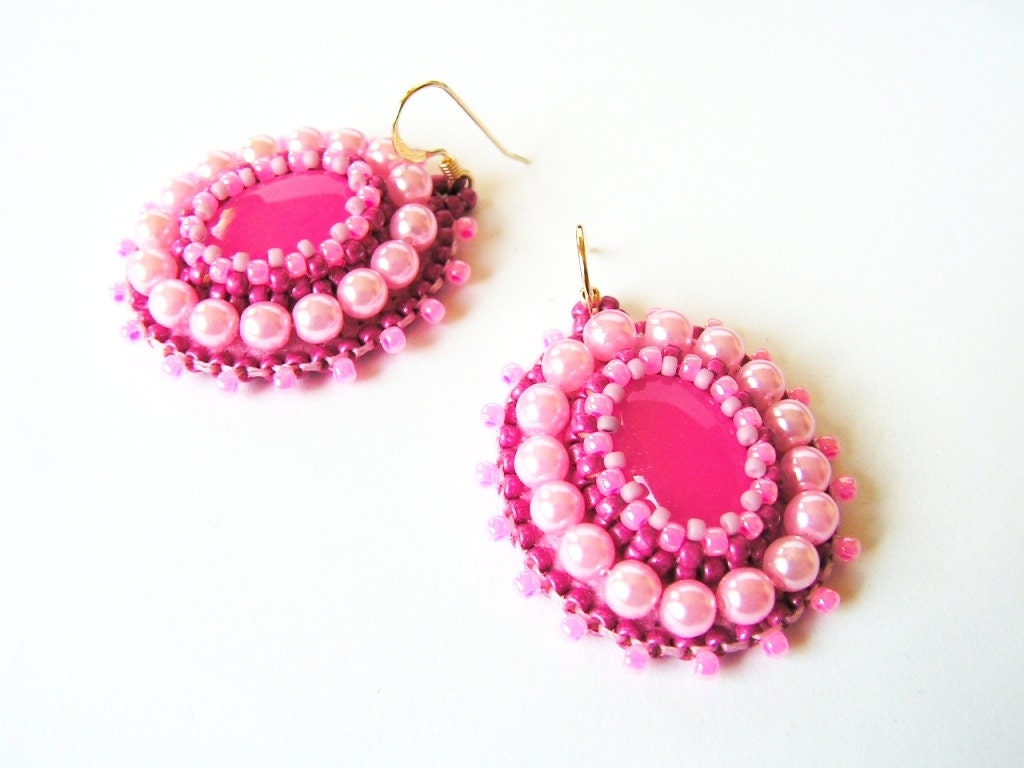 Pink Earrings Bead Embroidery Earrings Beadwork Earrings Pink Etsy UK
