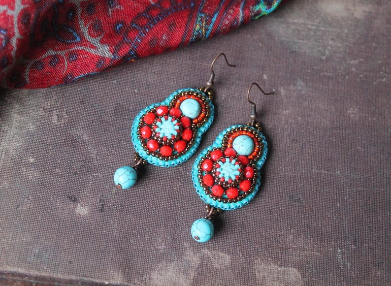 Turquoise Red Earrings Ethnic Earrings Turquoise Dangle Earrings Bead embroidery Earrings Cabochon Earrings Tribal Jewelry MADE TO ORDER