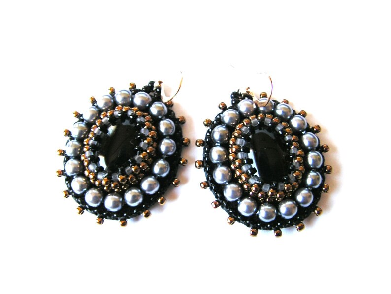 Black Grey Earrings Bead embroidery Earrings Black Grey Dangle Etsy