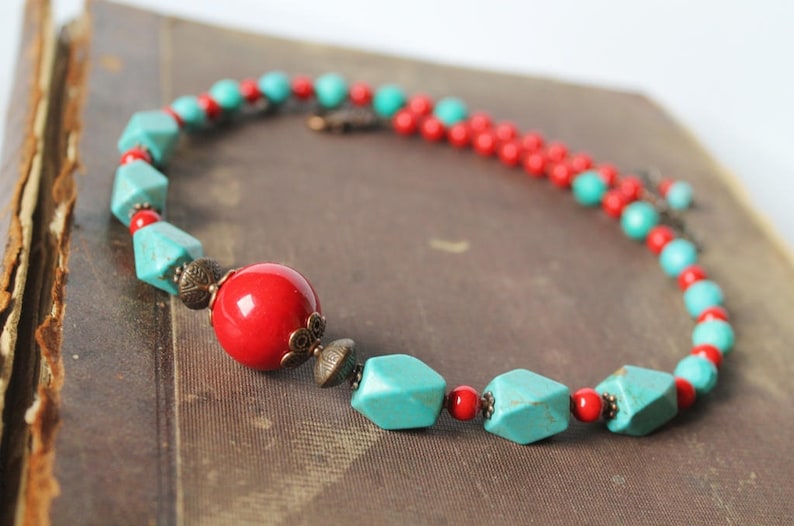 Turquoise Red Earrings Ethnic Earrings Turquoise Dangle Earrings Bead embroidery Earrings Cabochon Earrings Tribal Jewelry MADE TO ORDER