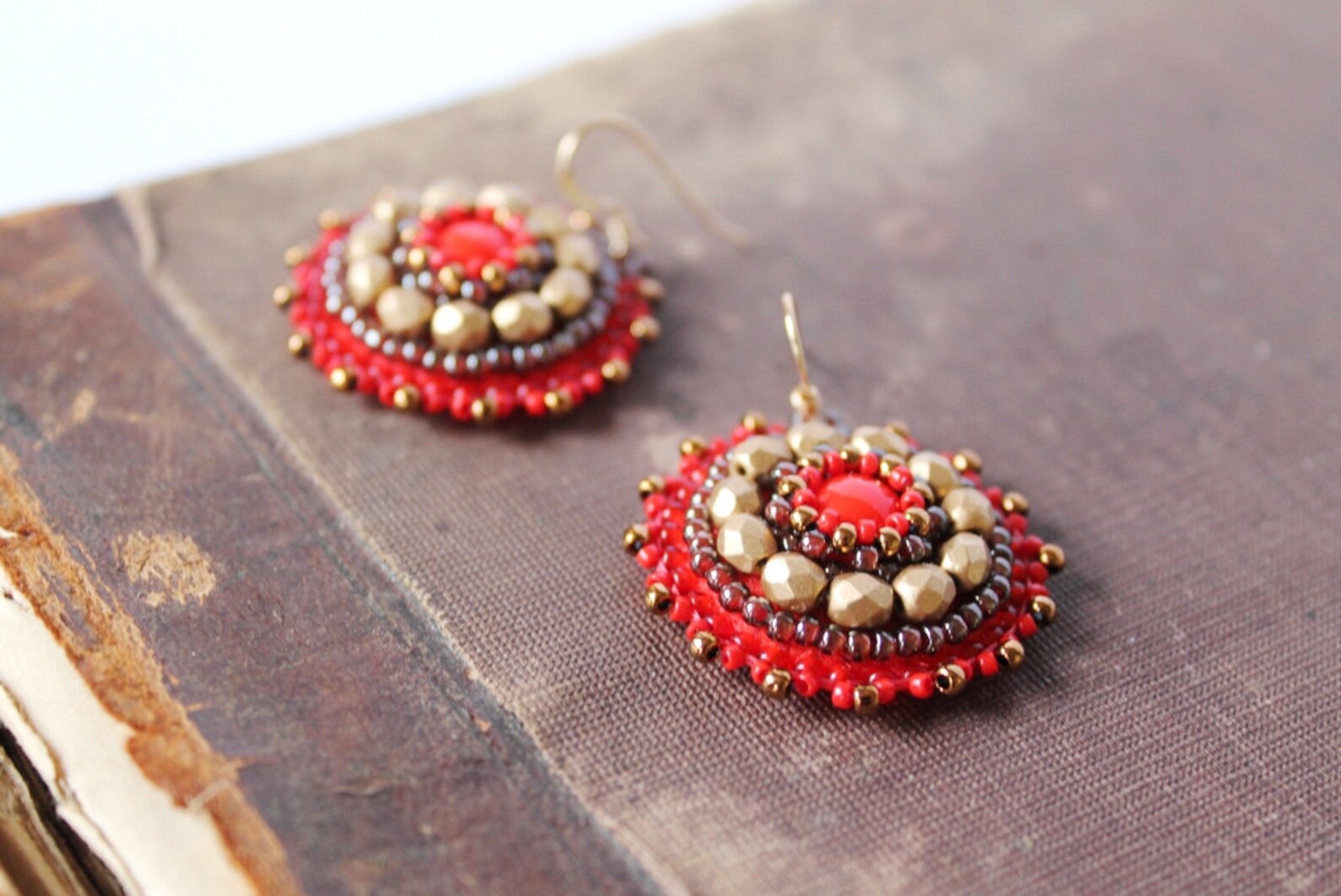 Red Gold Beadwork Earrings Bead Embroidery Earrings Red Dangle Etsy