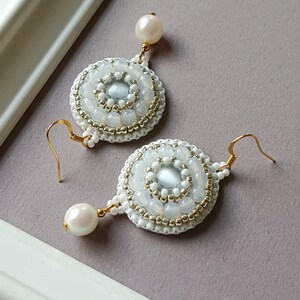 White Beadwork Earrings White beads Earrings White Dangle Earrings White Jewelry One of a kind Earrings Summer Jewelry Gift idea for her