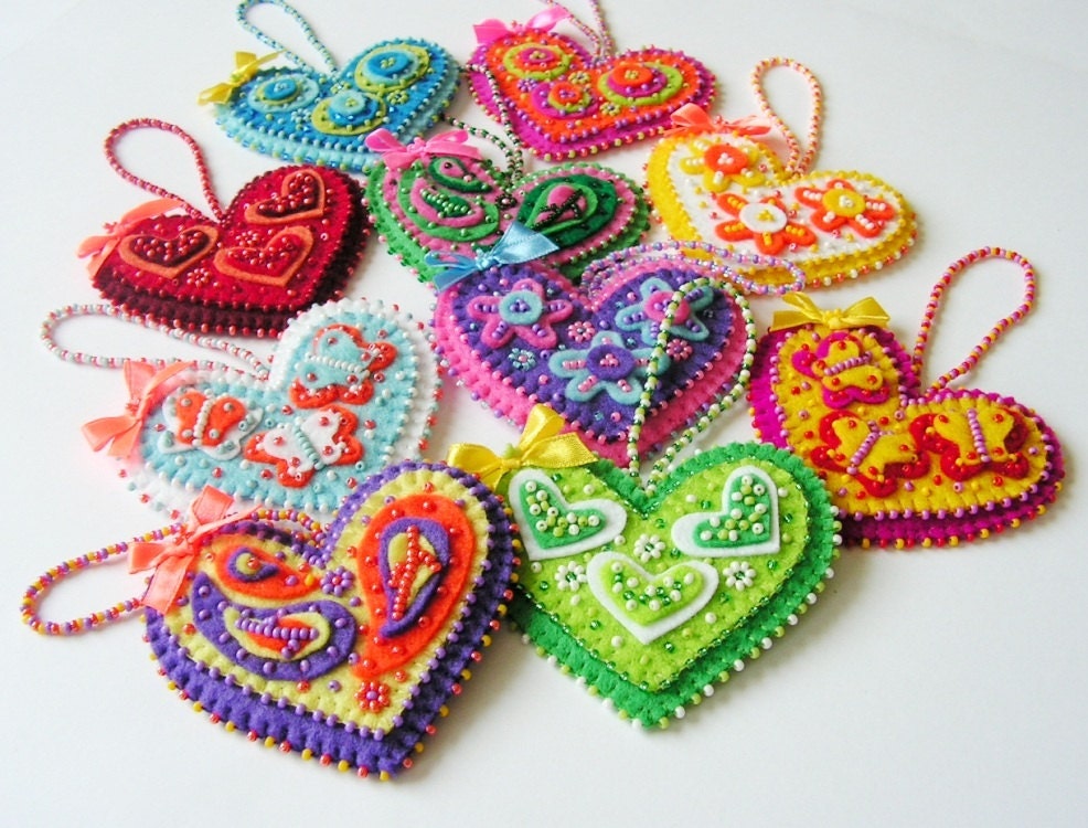 Felt Heart ornament Heart decoration Beaded heart Colorful heart deco…