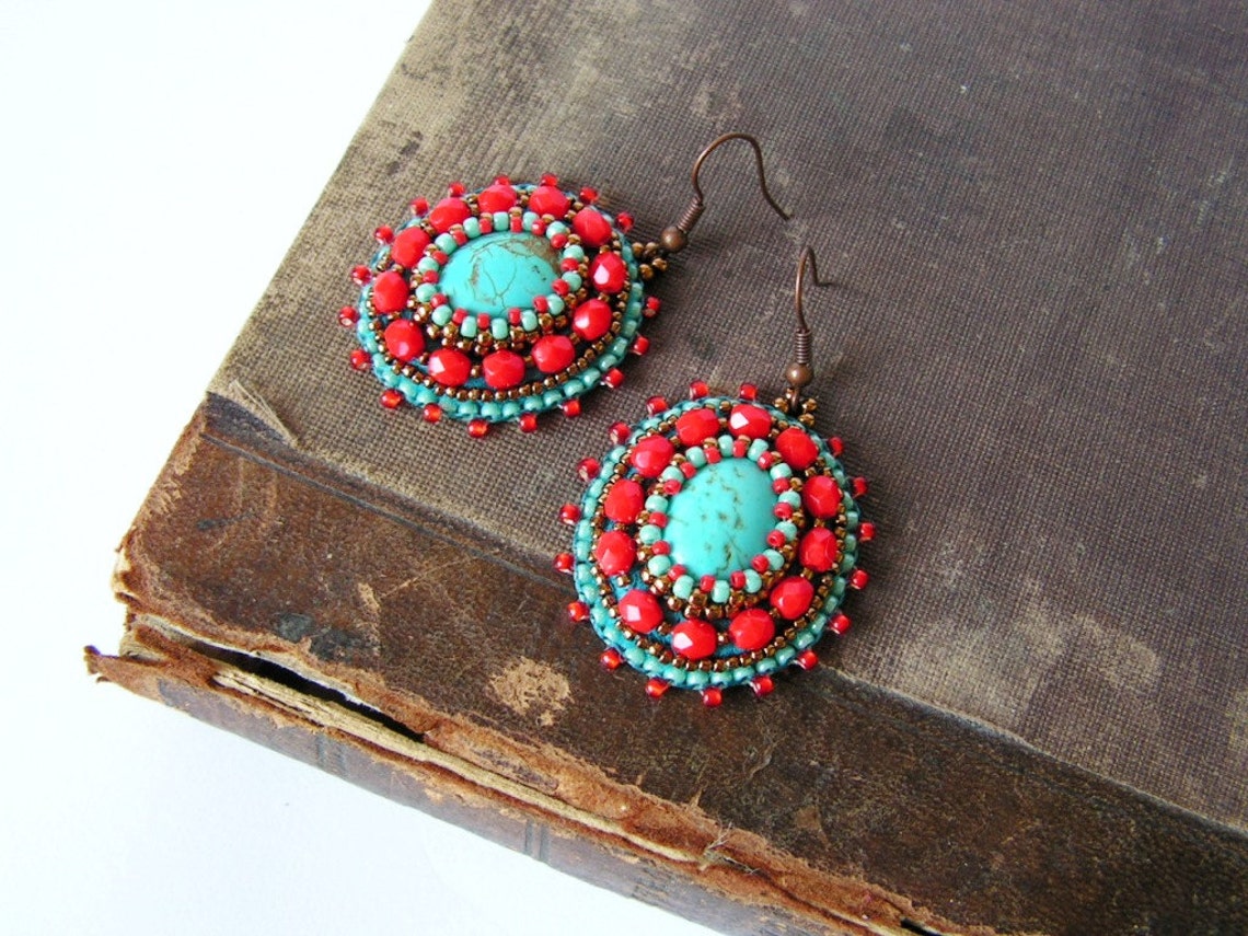 Bead Embroidery Earrings Turquoise Red Earrings Beadwork Earrings Red