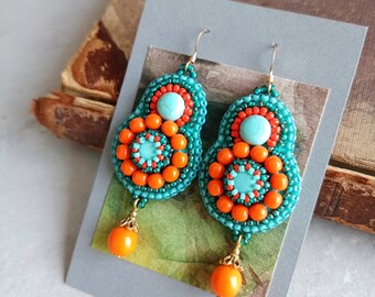 40% off Turquoise Orange Earrings Ethnic Earrings Turquoise Dangle Earrings Colorfull Earrings Cabochon Earrings Tribal Jewelry Bright