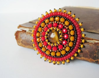 Red Yellow Brooch Bead embroidery Brooch Beaded brooch Beadwork Brooch Red Mustard Yellow Copper MADE TO ORDER