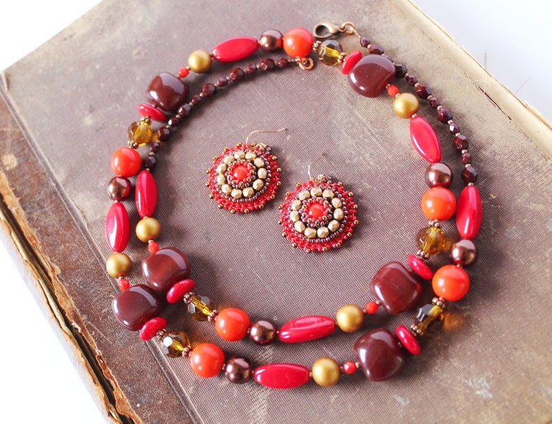 Red Gold Beadwork Earrings Bead Embroidery Earrings Red Dangle Etsy