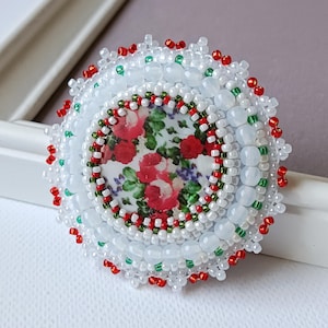 Beaded Flowers Brooch Bead embroidered Brooch White Brooch Roses Brooch Cabochon Brooch Beadwork Brooch Glass beads Brooch Gift idea for her