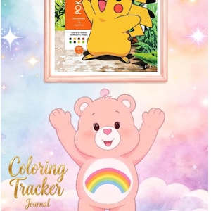 Puede incluir: Una portada de libro para colorear de Pokemon enmarcada con Pikachu en un entorno forestal, situada sobre un oso Care Bear rosa con una insignia de arcoíris. El texto Coloring Tracker Journal aparece en letras doradas a la izquierda.