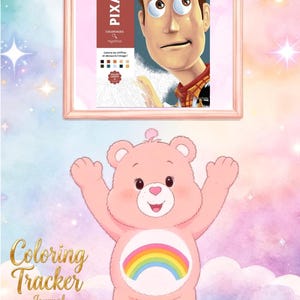 Könnte beinhalten: Ein rosa Bär mit einem Regenbogen-Emblem auf der Brust steht auf einer Wolke. Darüber befindet sich ein gerahmtes Buchcover mit einer Figur mit braunem Cowboyhut, dem Text PIXAR, COLORIAGES MYSTÈRES und Coloring Tracker Journal.
