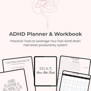 Może przedstawiać: Planer i zeszyt ćwiczeń ADHD z praktycznymi narzędziami do szybkiej produktywności mózgu. Zawiera quiz, box pomysłów i strony planowania tygodniowego/miesięcznego.