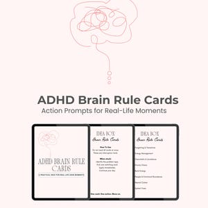 Puede incluir: Tarjetas de reglas cerebrales TDAH con el texto "ADHD Brain Rule Cards Action Prompts for Real-Life Moments". Las tarjetas tienen un fondo blanco con texto negro y un dibujo lineal rosa de un cerebro.