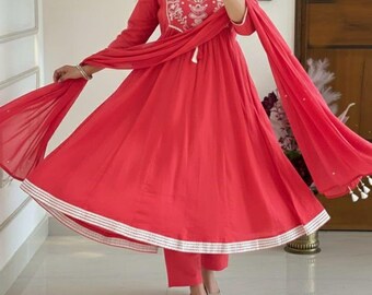 Algodón Anarkali Kurti Pantalón Dupatta Diseñador Kurta Conjunto Traje de boda Vestido Ropa de verano Kurtis
