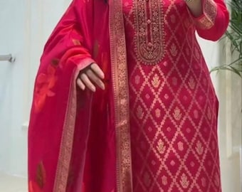 Conjunto de Kurti de diseñador para mujer, estilo Banarasi, que incluye pantalón y dupatta. Vestido de boda indio de 3 piezas.