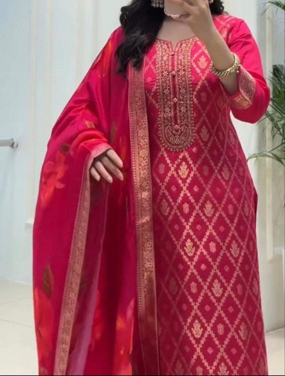 Women Banarasi Kurta Pant Dupatta Designer Kurti Suit Indian Wedding Dress 3PC Kurtis Set