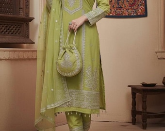 Kurti verde estampado, pantalón dupatta, conjunto de kurta de diseñador, vestido de boda indio, ropa de verano Kurtis