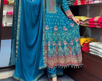 Vestido Anarkali Rajasthani, pantalón, dupatta, conjunto de kurta de diseñador, vestidos de boda indios de 3 piezas.