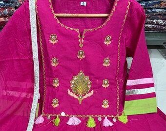 Conjunto de kurta, pantalón y dupatta de algodón para mujer, traje de kurta de diseñador, vestido de boda indio de 3 piezas.
