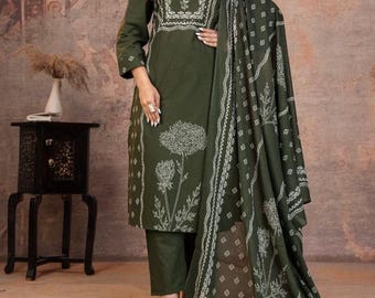 Conjunto de kurta, pantalón y dupatta estampados para mujer, traje de kurta de diseñador, vestido de boda indio de 3 piezas.