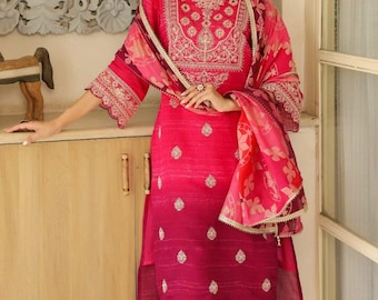 Conjunto de Kurti, pantalón y dupatta bordados para mujer, traje de Kurta de diseñador, vestido de boda indio de 3 piezas.