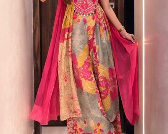 Conjunto de Kurti Anarkali de Chinon Floral con Pantalón y Dupatta, Vestido de Boda Indio de 3 Piezas