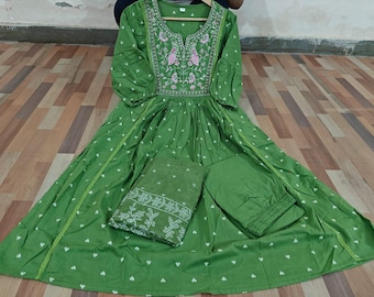 Pantalón kurti anarkali de algodón verde, dupatta, conjunto de kurta de diseñador, vestido de novia indio, kurtis de 3 piezas