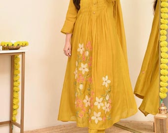 Haldi Cotton Anarkali Kurti Pant Dupatta Designer Kurta Set Indian Wedding Dress 3PC Suit