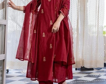 Rojo Chanderi Anarkali Kurti Pantalón Dupatta Diseñador Kurta Set Vestido de Novia Indio 3PC Kurtis