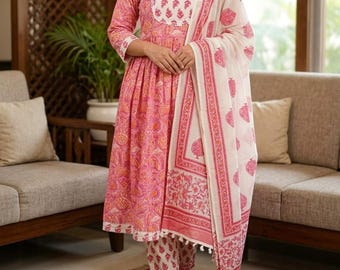 Conjunto de Kurti, pantalón y dupatta estampados para mujer, traje de Kurta de diseñador, vestido de boda indio de 3 piezas.