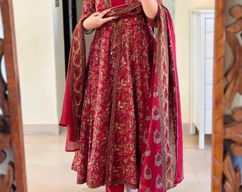 Traje de diseñador Anarkali de Rajastán, Kurta, pantalón y dupatta, vestido de boda indio de 3 piezas.